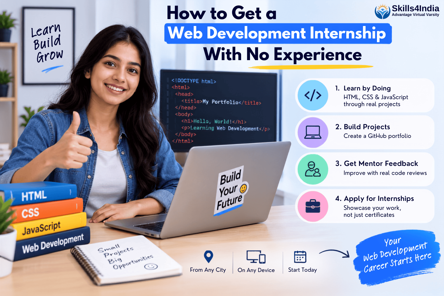Young Indian student learning web development through HTML, CSS and JavaScript projects while preparing for a web development internship with no experience.