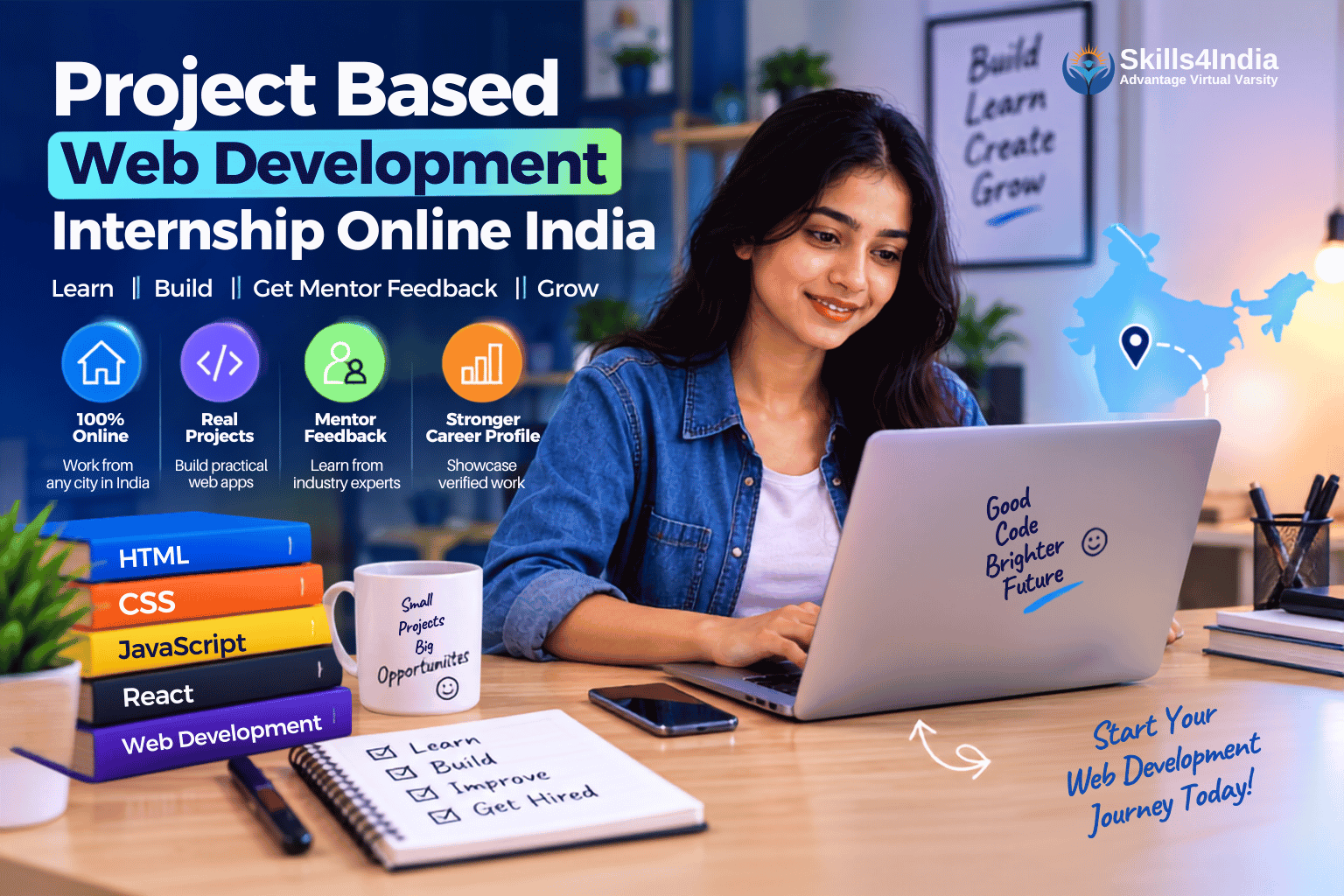 Project based web development internship online in India with real projects and mentor feedback.