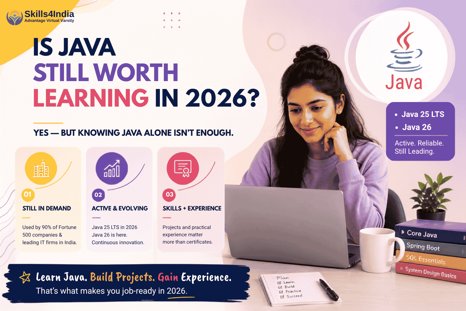  “Is Java Still Worth Learning in 2026?” with a young woman using a laptop, highlighting Java’s continued demand, Java 25 LTS and Java 26, and the importance of practical projects and experience for becoming job-ready.