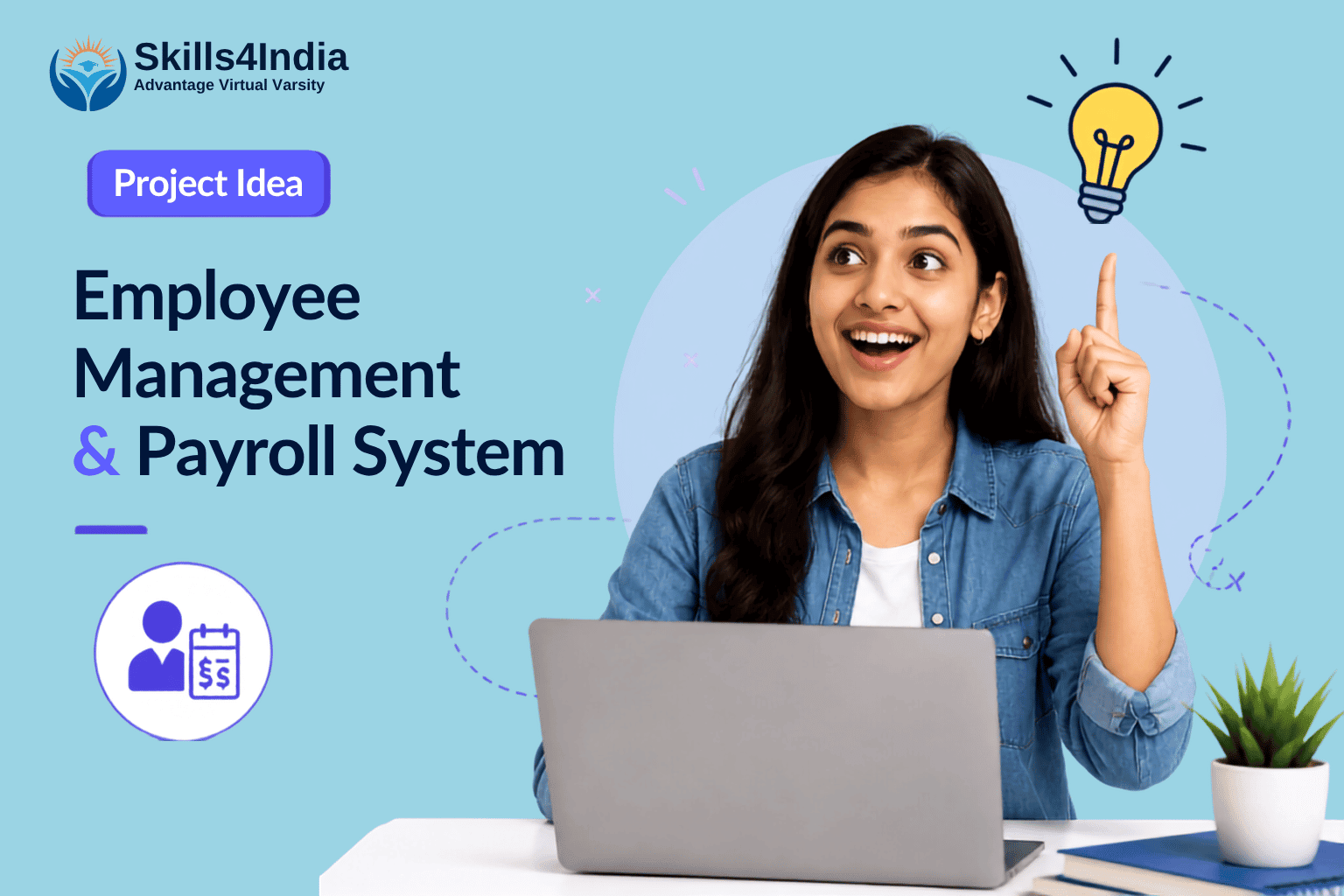 Employee Management and Payroll System project idea featuring a student developer with a laptop, highlighting employee records and payroll management.