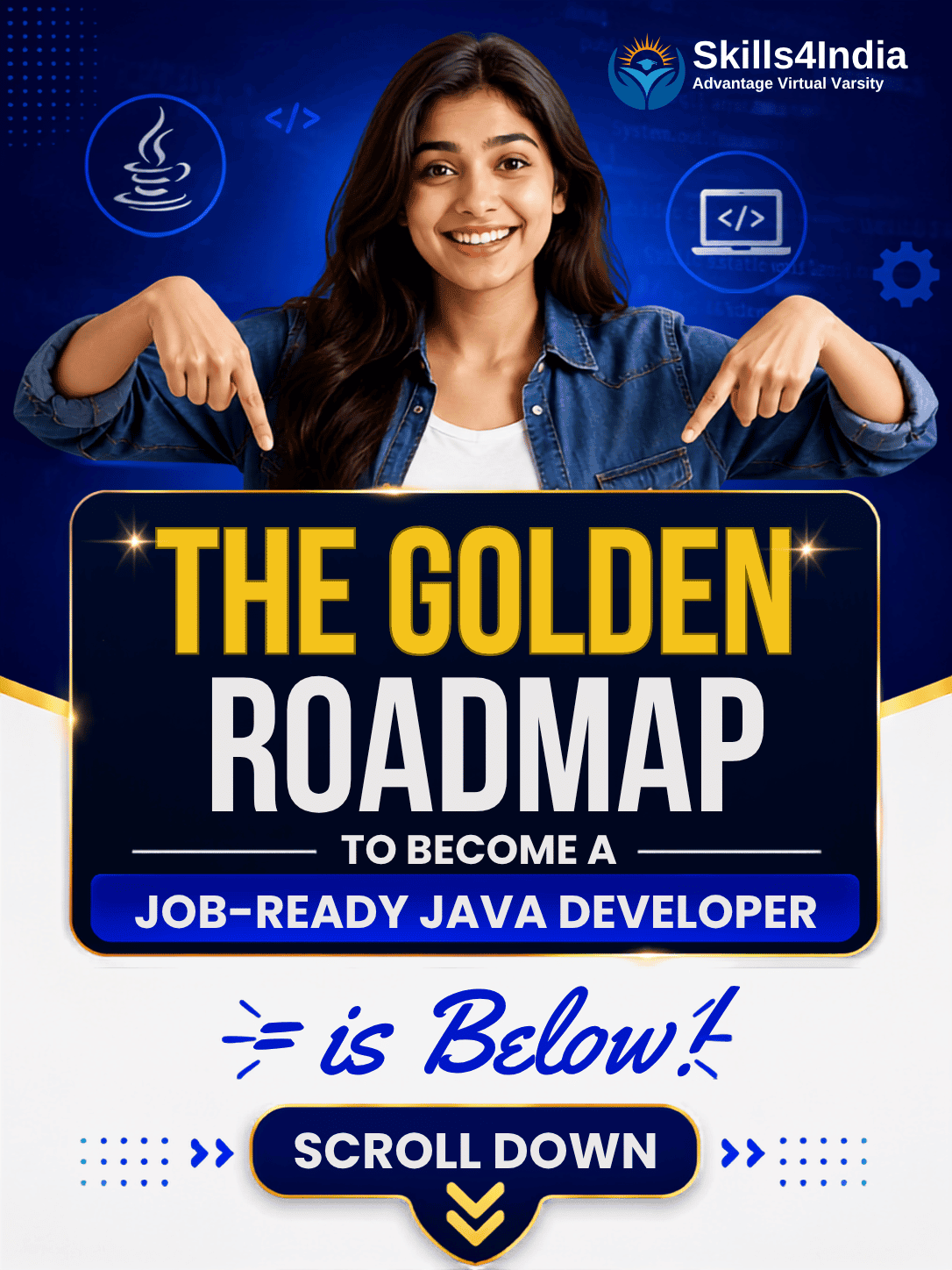 Smiling young woman pointing down toward a “The Golden Roadmap to Become a Job-Ready Java Developer” banner with a “Scroll Down” call-to-action