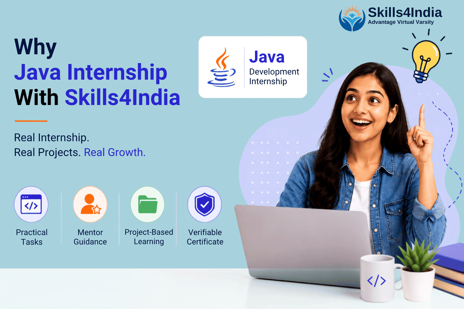 Skills4India Java Development Internship featuring practical tasks, project-based learning, mentor guidance, and a verifiable certificate